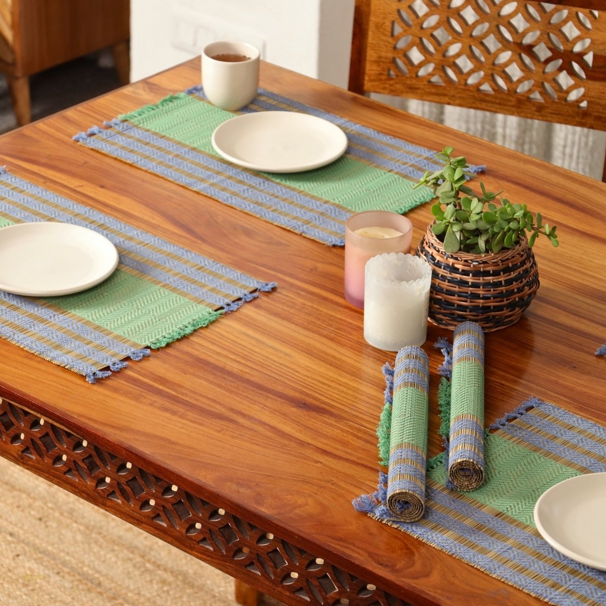 Cotton and Grass Table mats in Powder Blue and Aqua Green | Set of 4 and 6