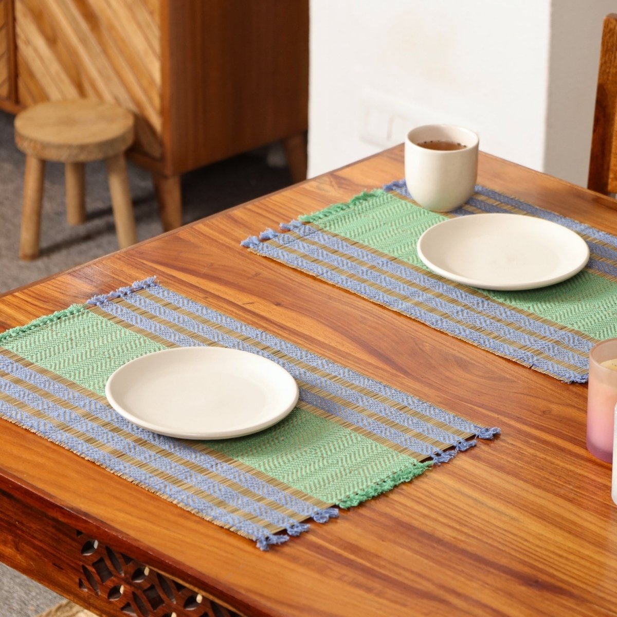 Cotton and Grass Table mats in Powder Blue and Aqua Green | Set of 4 and 6
