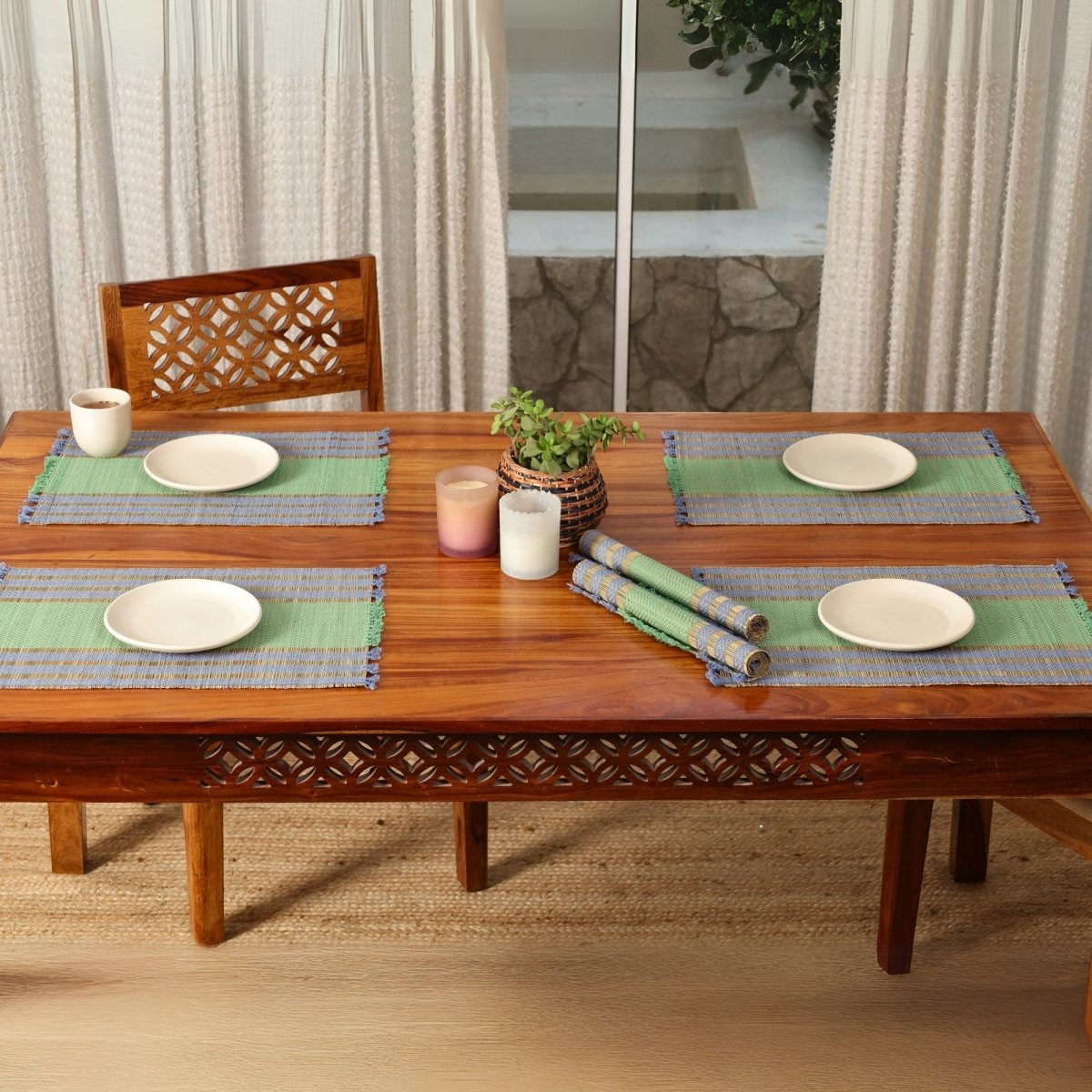 Cotton and Grass Table mats in Powder Blue and Aqua Green | Set of 4 and 6