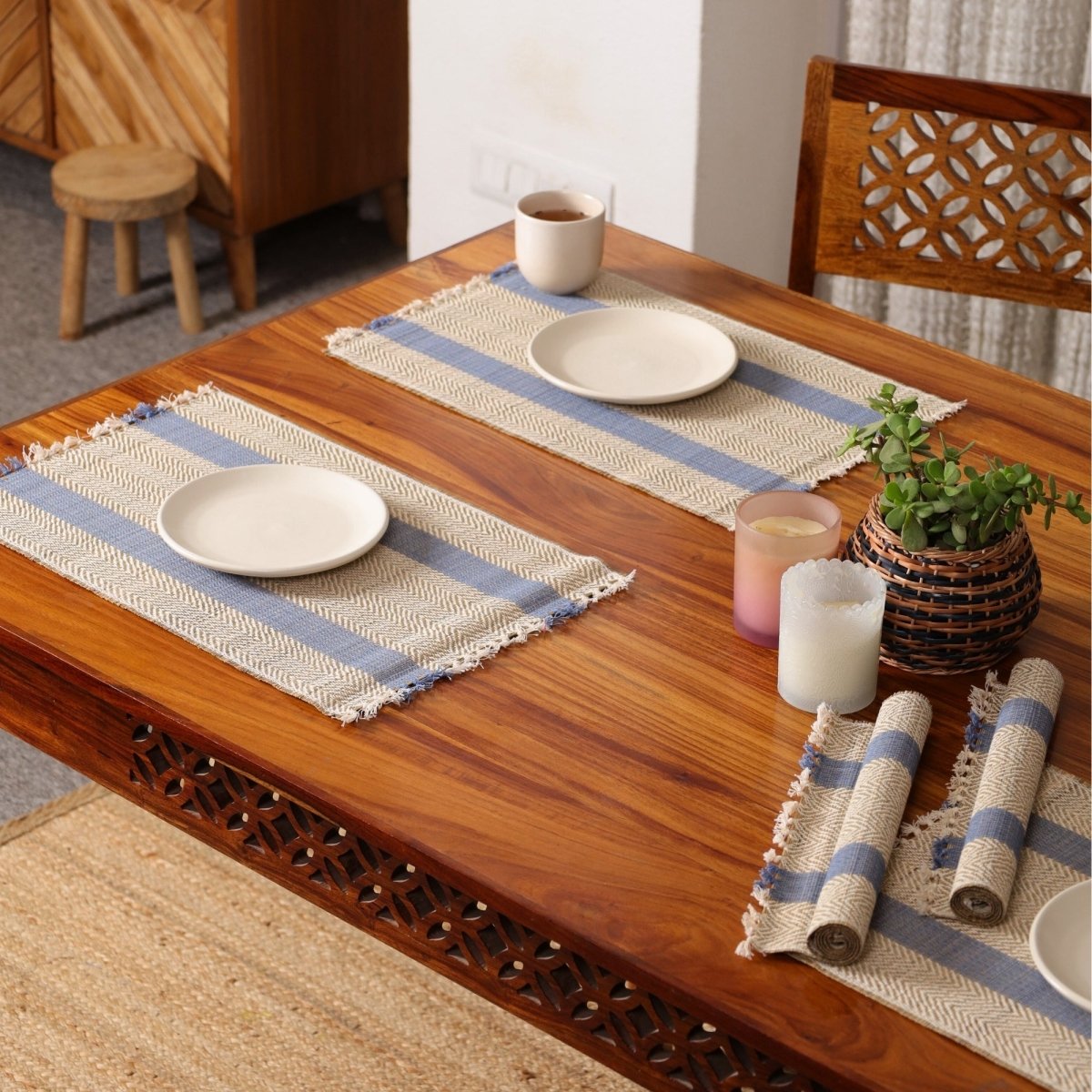 Cotton and Grass Table mats in Powder Blue and Off White | Set of 4 and 6