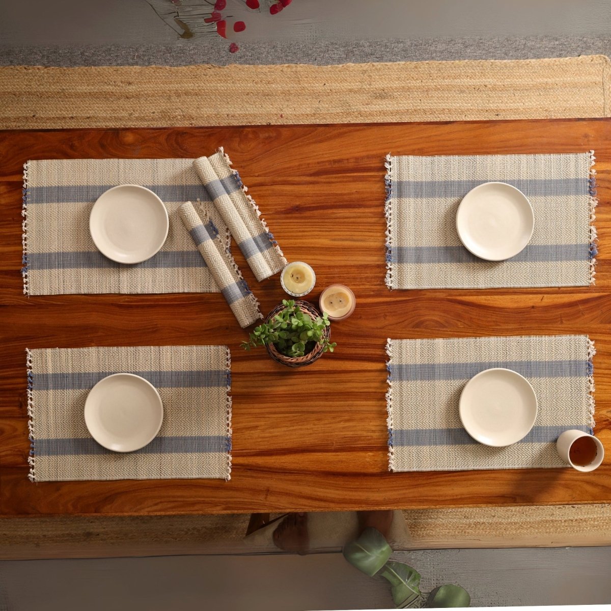 Cotton and Grass Table mats in Powder Blue and Off White | Set of 4 and 6