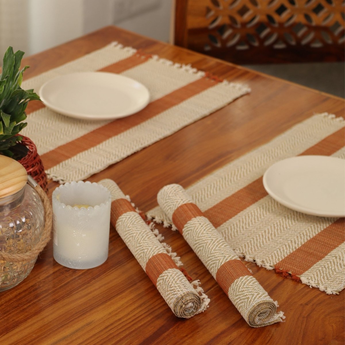 Cotton and Grass Table mats in Rust and Off White | Set of 4 and 6