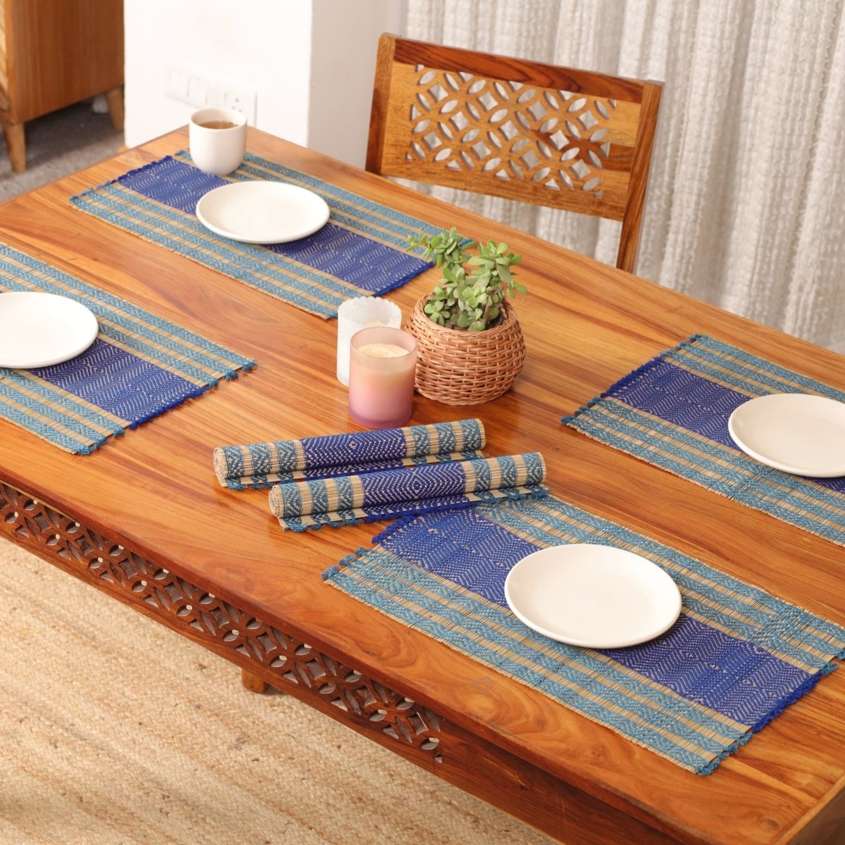 Cotton and Grass Table mats in Teal and Cobalt Blue | Set of 4 and 6
