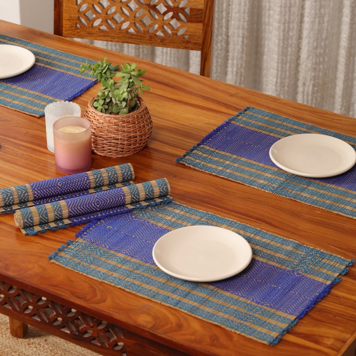 Cotton and Grass Table mats in Teal and Cobalt Blue | Set of 4 and 6