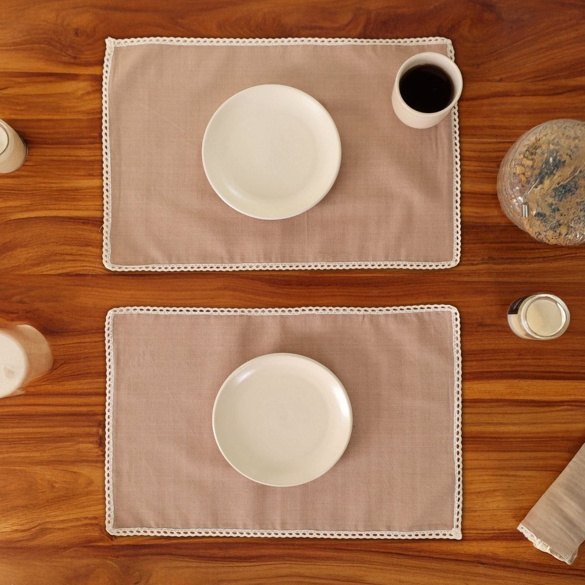 Table Mats in Crochet and Pure Cotton and | Taupe and Off White | Set of 6 | 12 x 18 inches - Set of 6 / Pure Cotton / Taupe and Off White