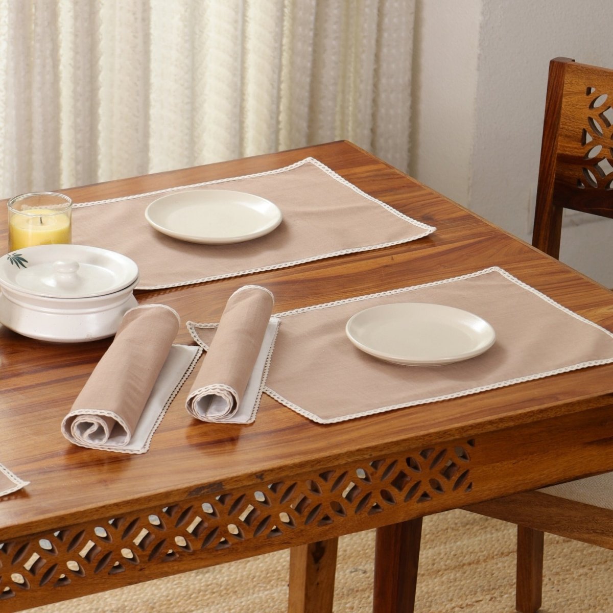 Table Mats in Crochet and Pure Cotton and Taupe and Off White 12 x 18 inches