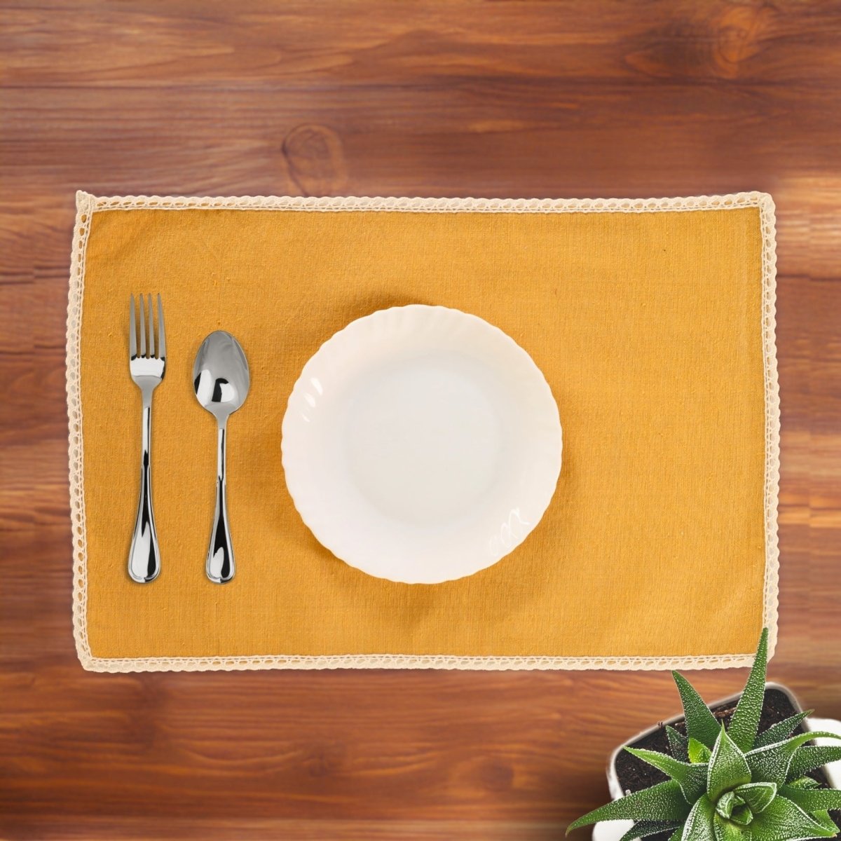 Table Mats in Pure Cotton and Crochet | Mustard and Off White | Set of 6 | 12 x 18 inches - Mustard and Off White / Set of 6 / Pure Cotton