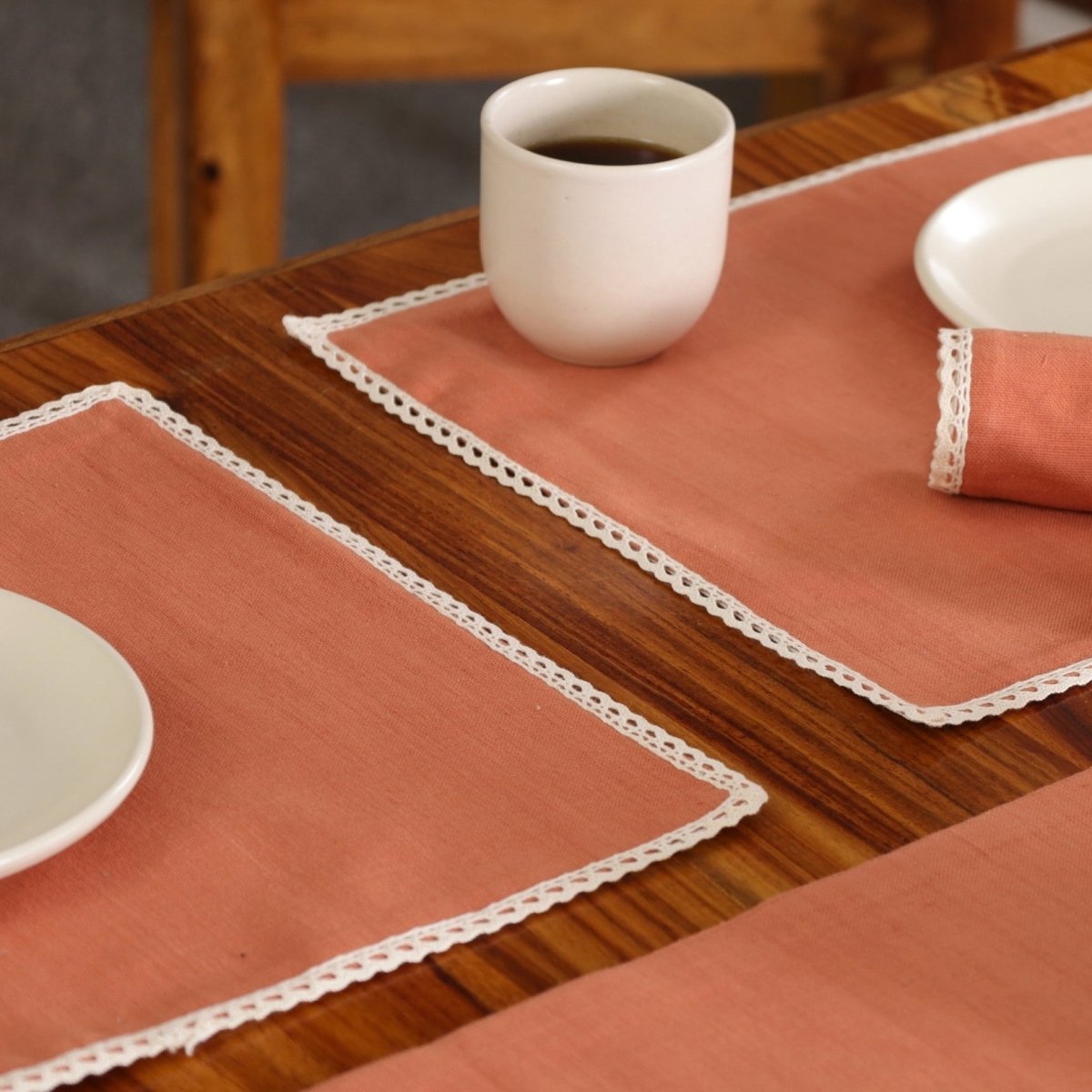 Table Mats in Pure Cotton and Crochet Rust and Off White 12 x 18 inches