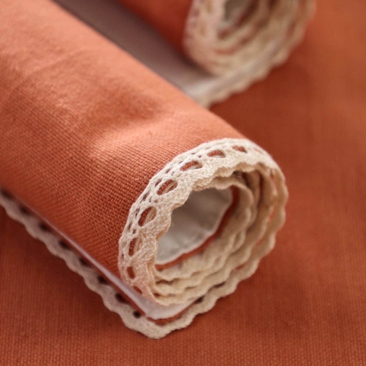 Table Mats in Pure Cotton and Crochet Rust and Off White 12 x 18 inches
