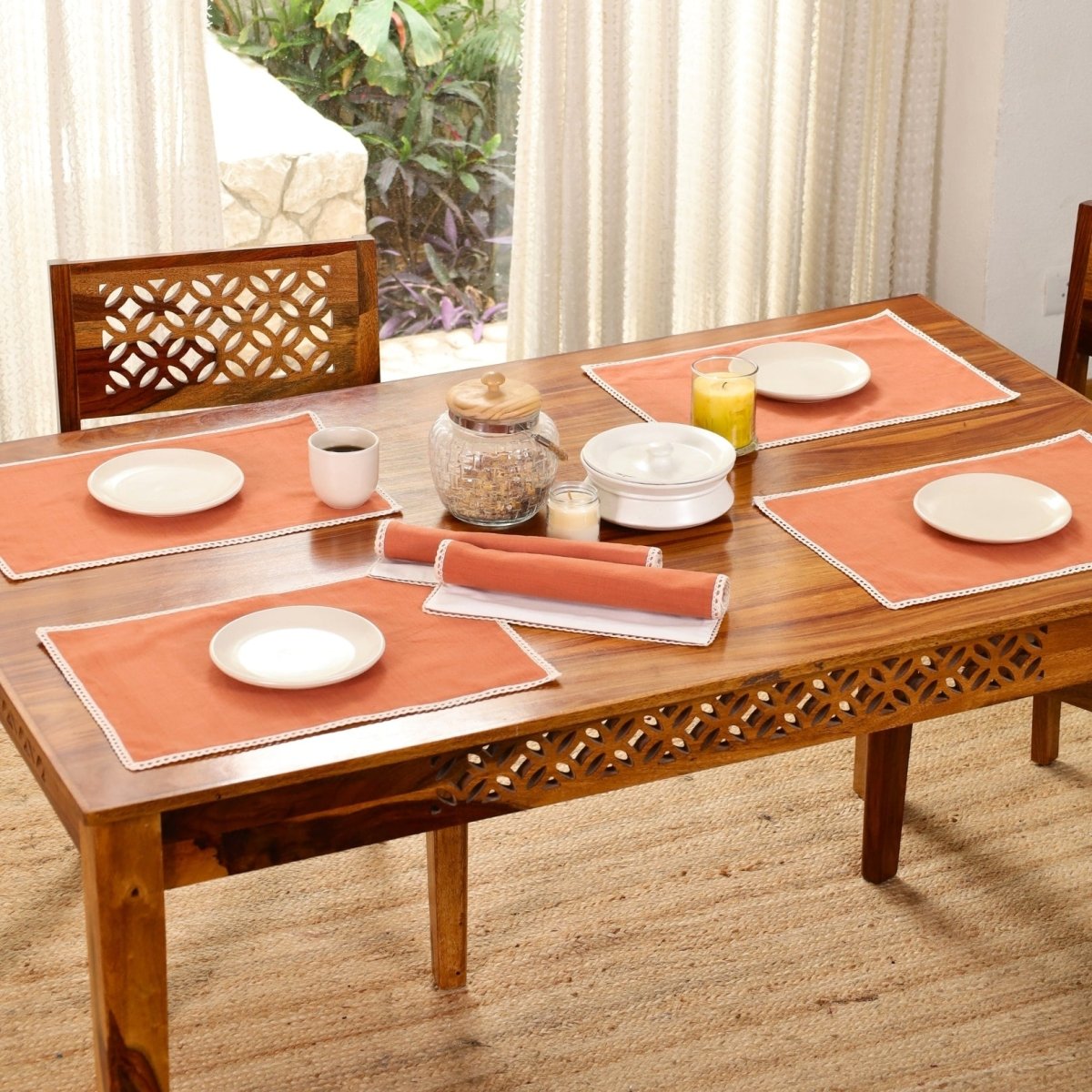 Table Mats in Pure Cotton and Crochet | Rust and Off White | Set of 6 | 12 x 18 inches - Rust and Off White / Set of 6 / Pure Cotton
