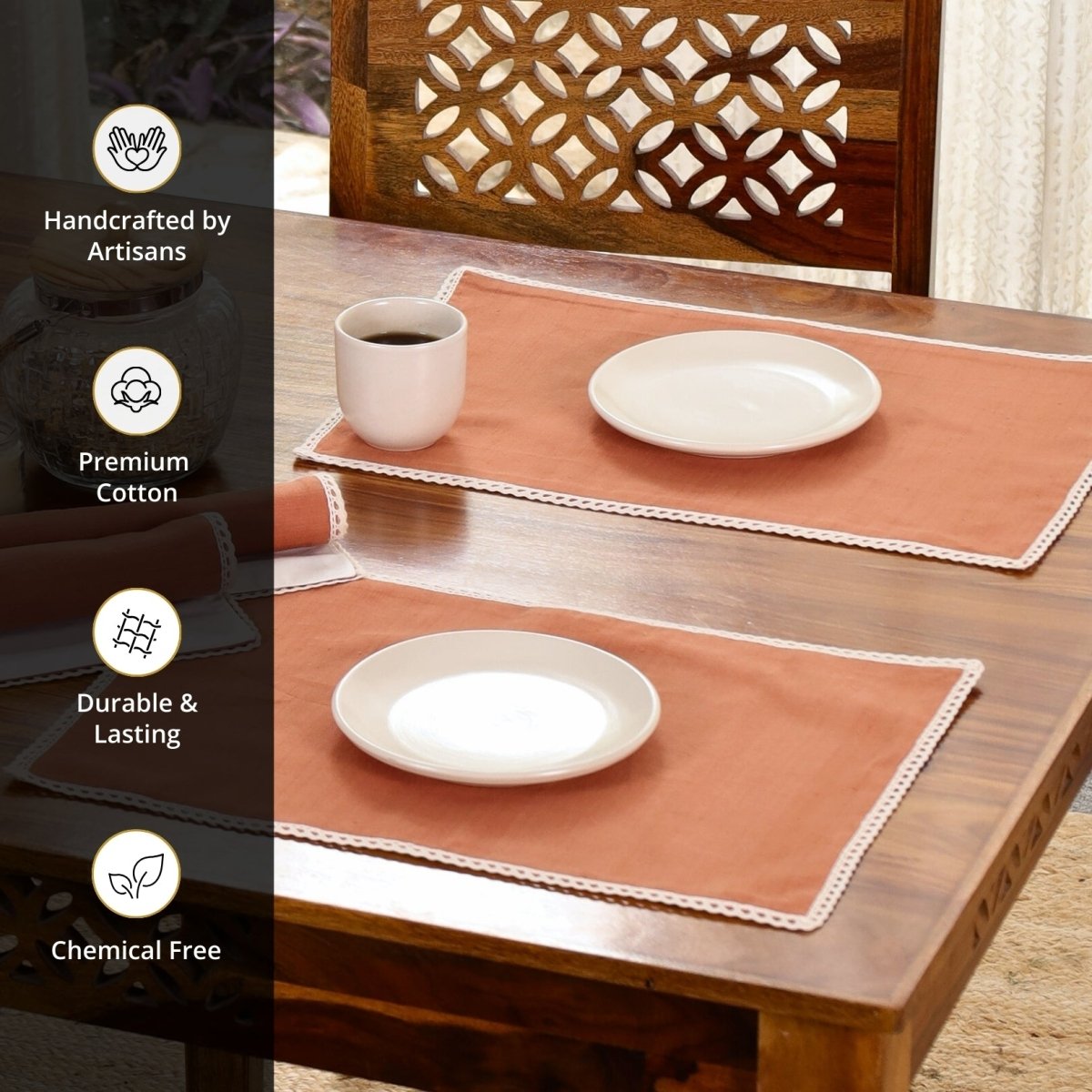Table Mats in Pure Cotton and Crochet Rust and Off White 12 x 18 inches
