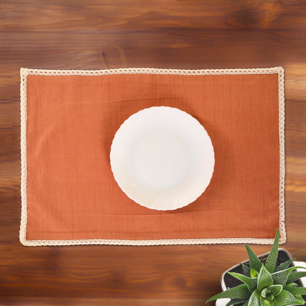 Table Mats in Pure Cotton and Crochet | Rust and Off White | Set of 6 | 12 x 18 inches - Rust and Off White / Set of 6 / Pure Cotton