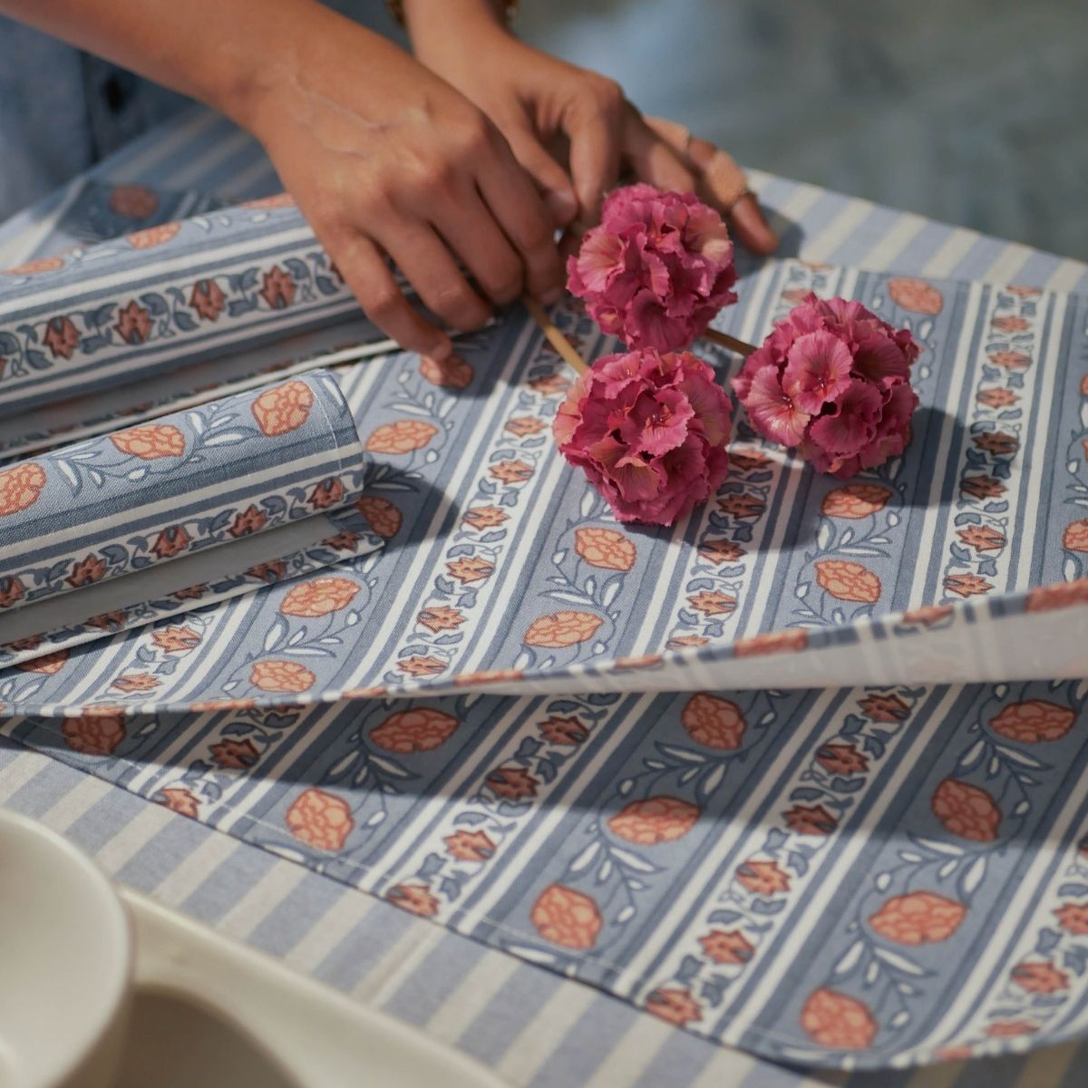 Pure Cotton Table mats in Blue and Dusty Pink | Set of 4 and 6
