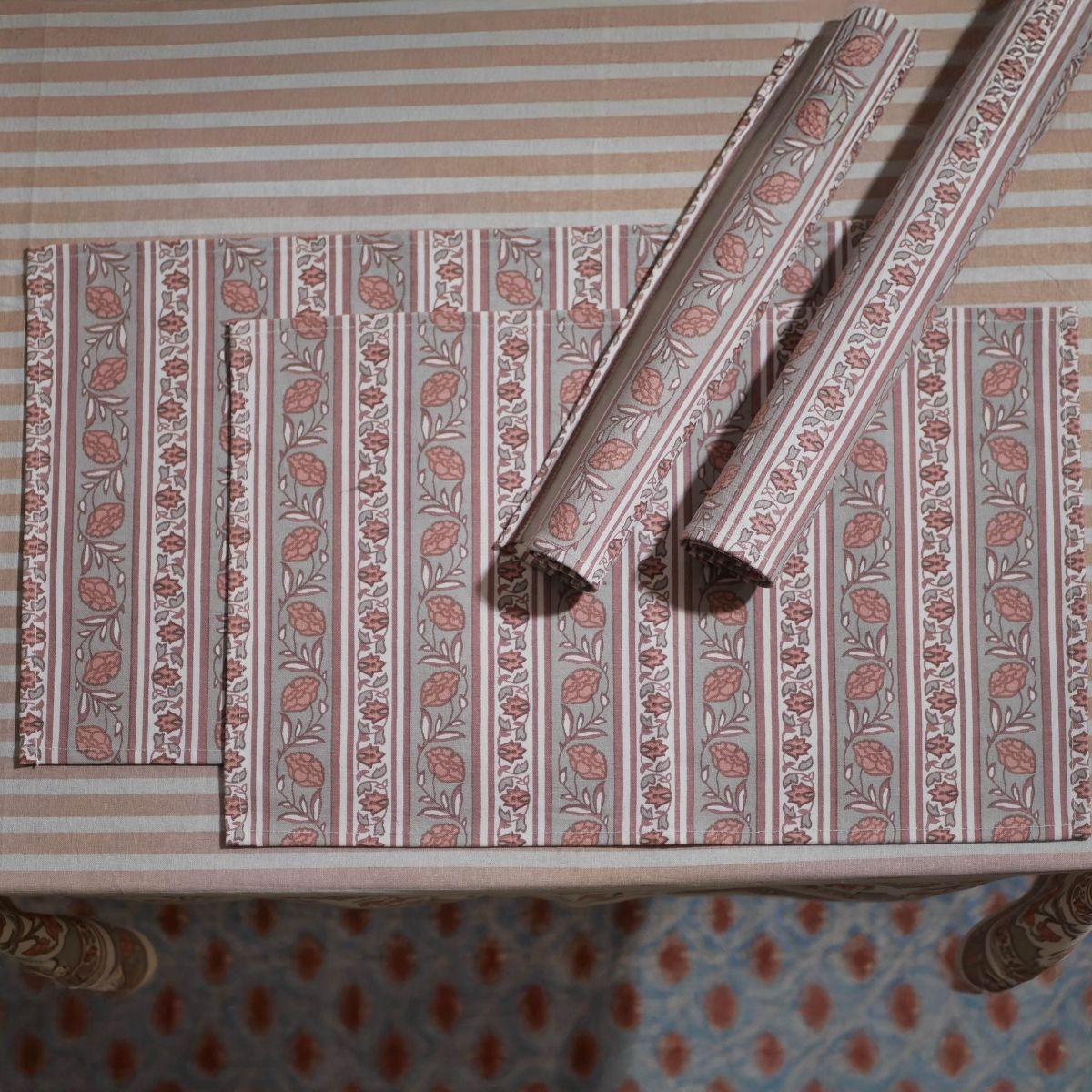 Pure Cotton Table mats in Dusty Pink and Off white | Set of 4 and 6