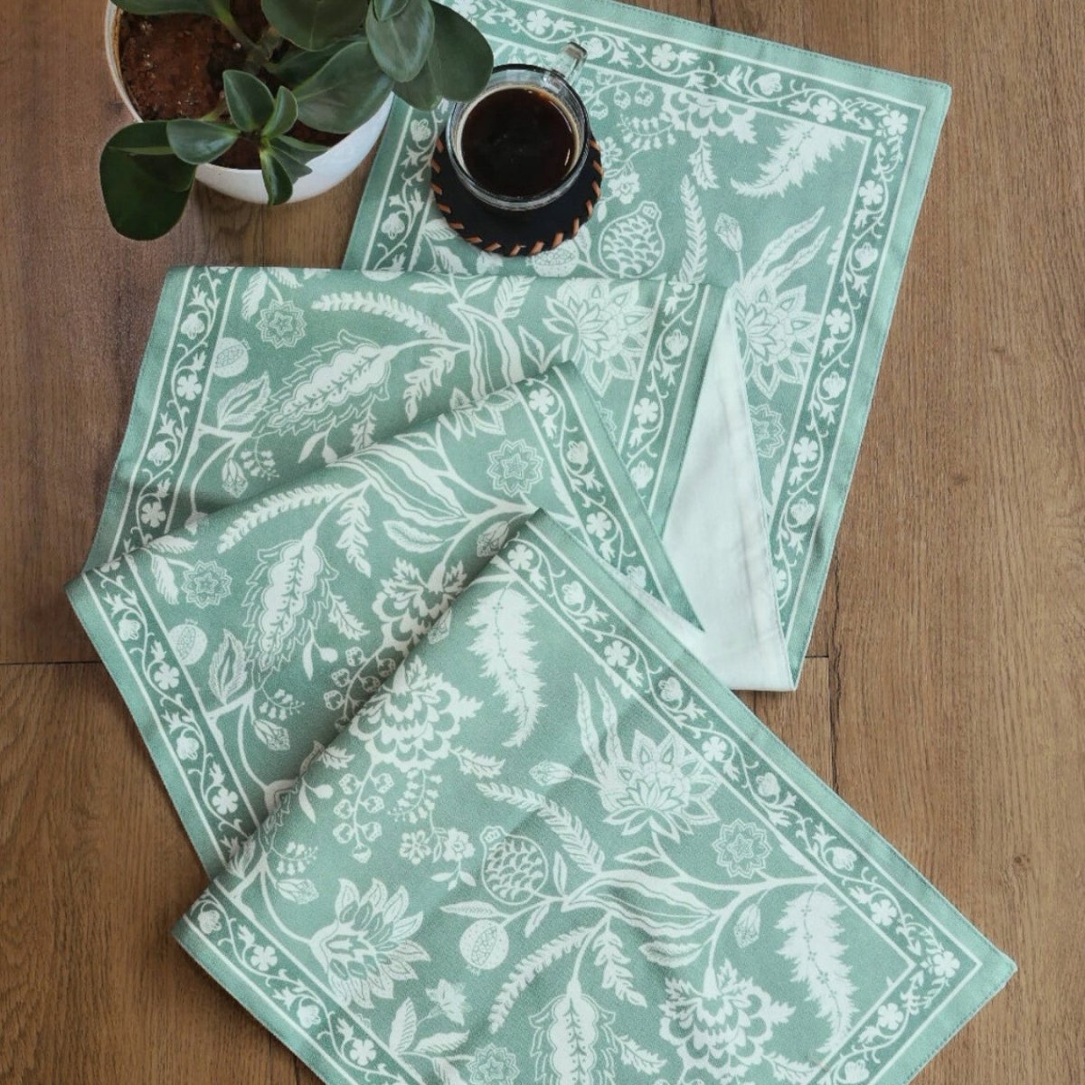 Cotton Canvas Dining Table Runner in Aqua Green | 4 and 6 Seater