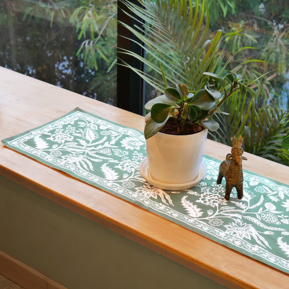 Cotton Canvas Dining Table Runner in Aqua Green | 4 and 6 Seater