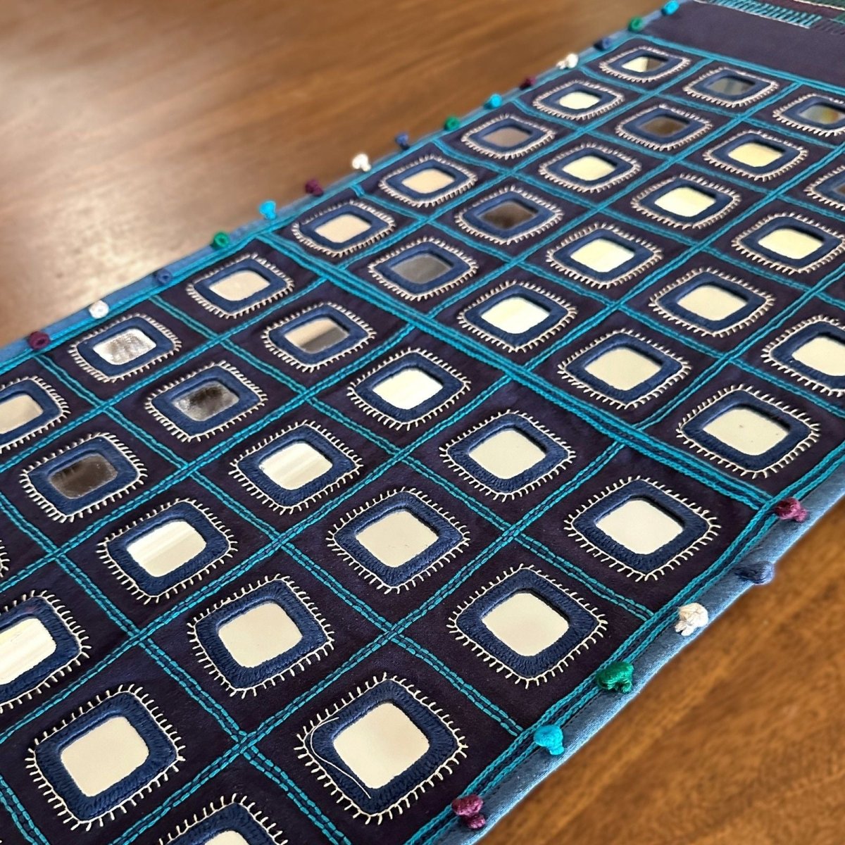 Table Runner In Blue With Mirror And Threadwork | Eco Friendly Sustainable Embroidered Tableware | Handmade In India - 46 inches x 12 inches / Mirrorwork and thread work on Cotton / Blue