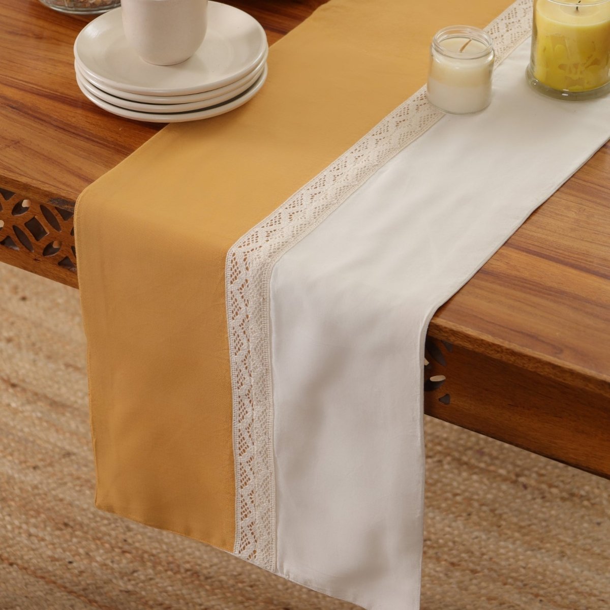 Table Runner in Pure Cotton and Crochet | Mustard and Off White | 14 x 60 inches - Mustard and Off White / 14 x 60 inches / Pure Cotton