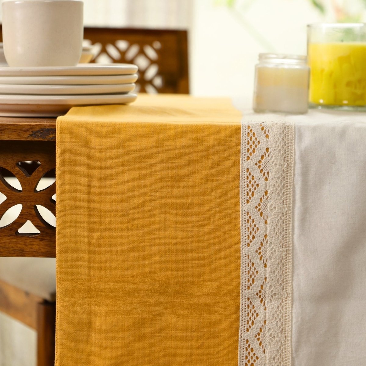 Crochet Pure Cotton Dining Table Runner in Mustard and Off White | 4 Seater