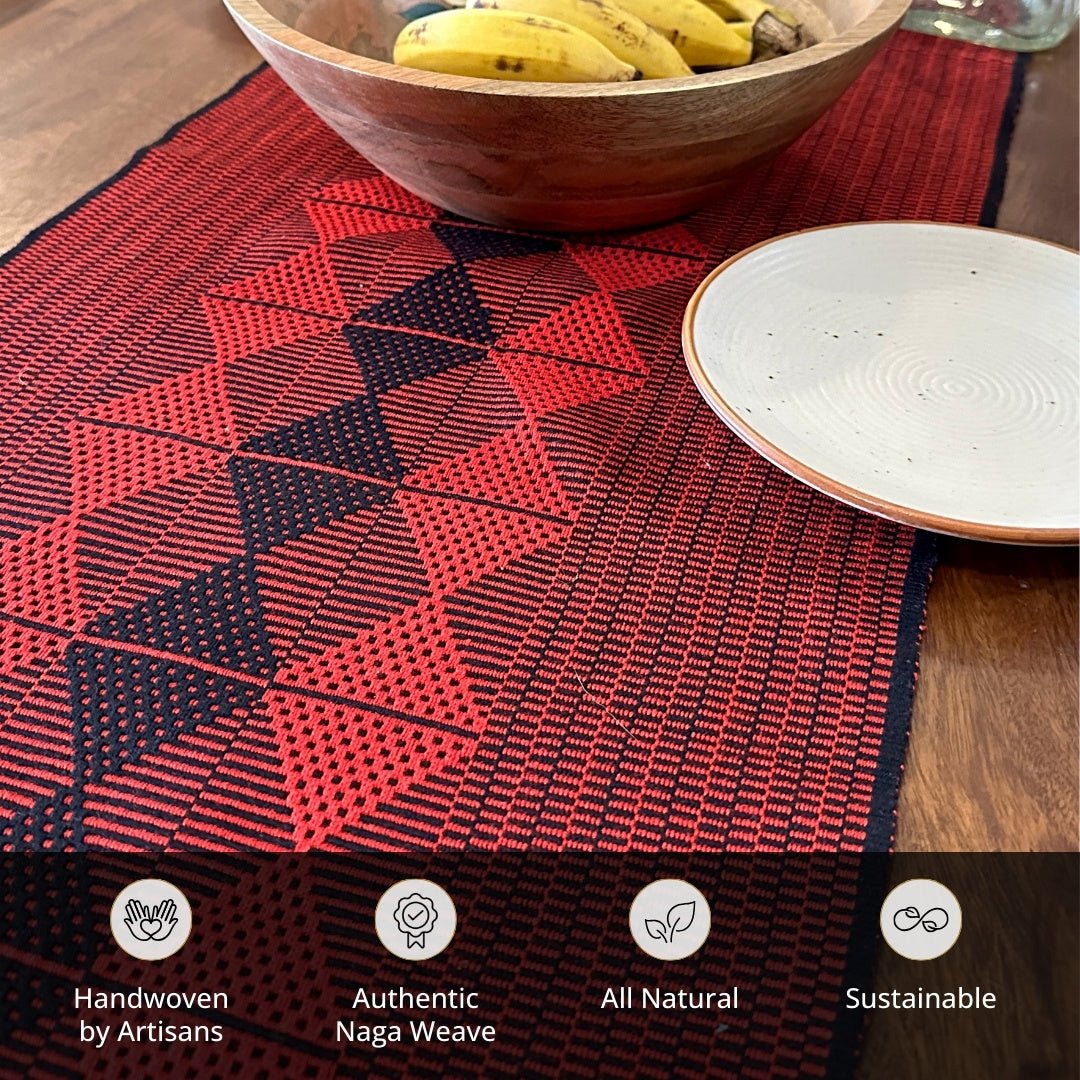 Table Runner In Red & Black With Arrowhead Pattern | Eco Friendly Sustainable Embroidered Tableware | Handmade In India - 14 inches x 72 inches / 100% mercerised cotton & Azo free dyes / Red & Black