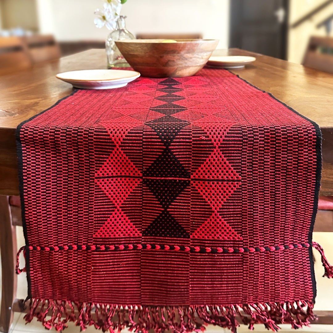 Table Runner In Red & Black With Arrowhead Pattern | Eco Friendly Sustainable Embroidered Tableware | Handmade In India - 14 inches x 72 inches / 100% mercerised cotton & Azo free dyes / Red & Black