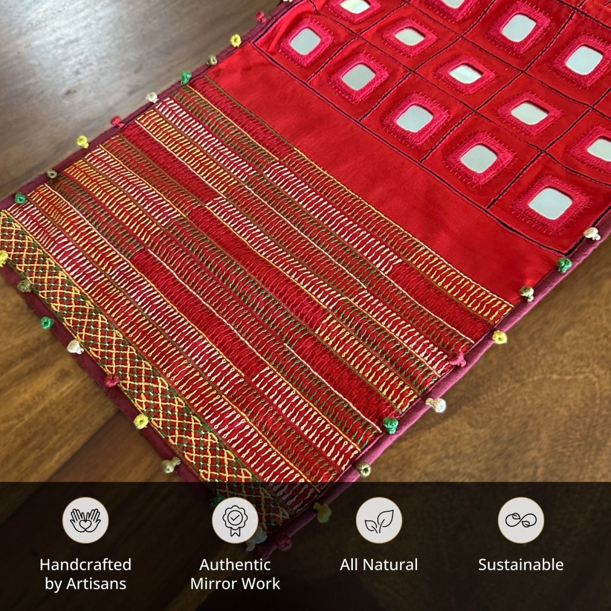 Table Runner In Red With Mirror And Threadwork Eco Friendly Sustainable Embroidered Tableware Handmade In India