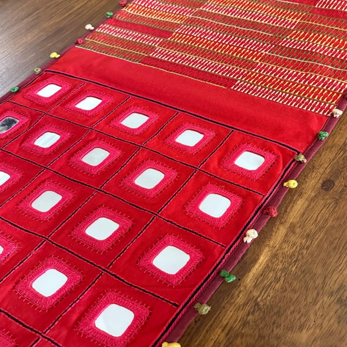 Table Runner In Red With Mirror And Threadwork Eco Friendly Sustainable Embroidered Tableware Handmade In India