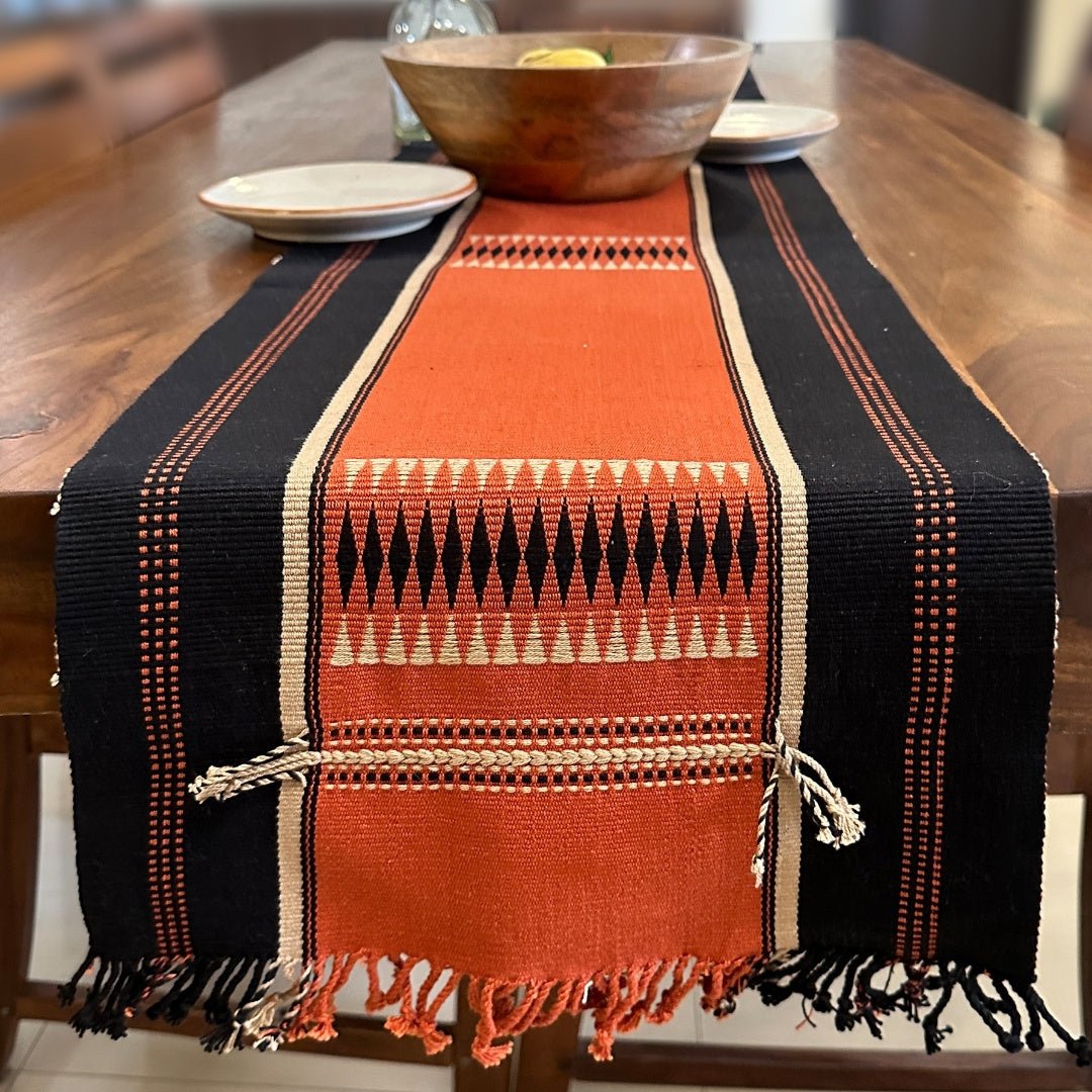Table Runner In Rust & Black With Tangerine Striped Eco Friendly Sustainable Embroidered Tableware Handmade In India