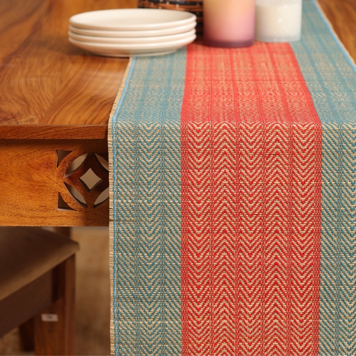 Cotton and Grass Table runner in Crystal Teal and Red | 4 and 6 Seater