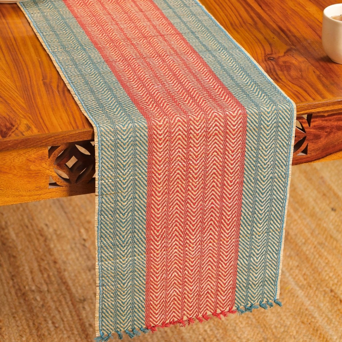 Cotton and Grass Table runner in Crystal Teal and Red | 4 and 6 Seater