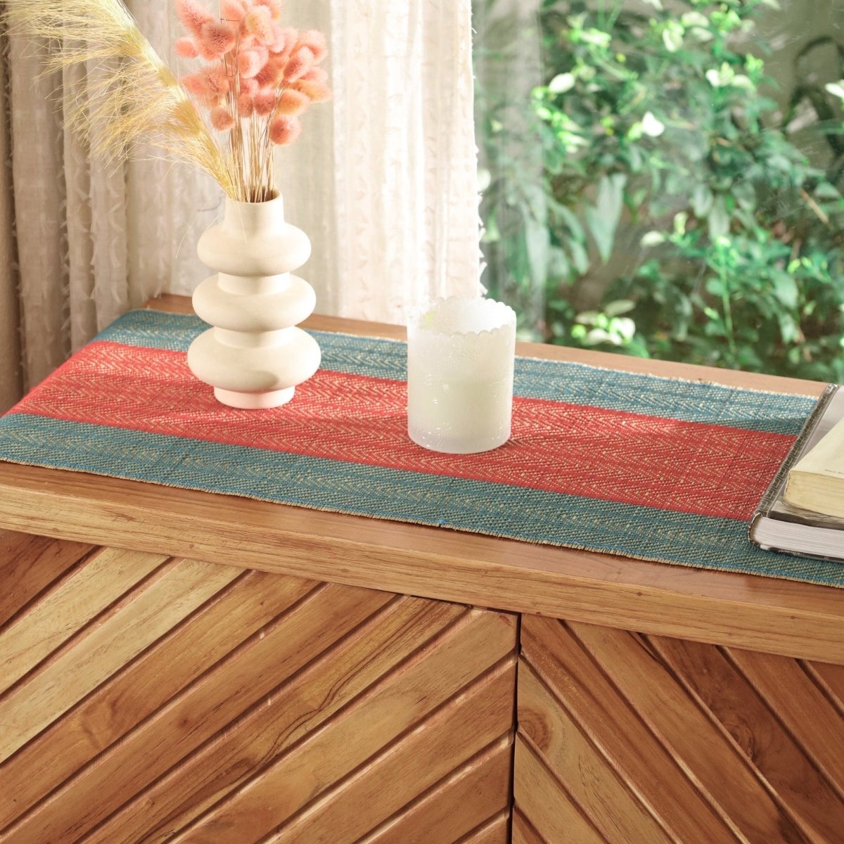 Cotton and Grass Table runner in Crystal Teal and Red | 4 and 6 Seater