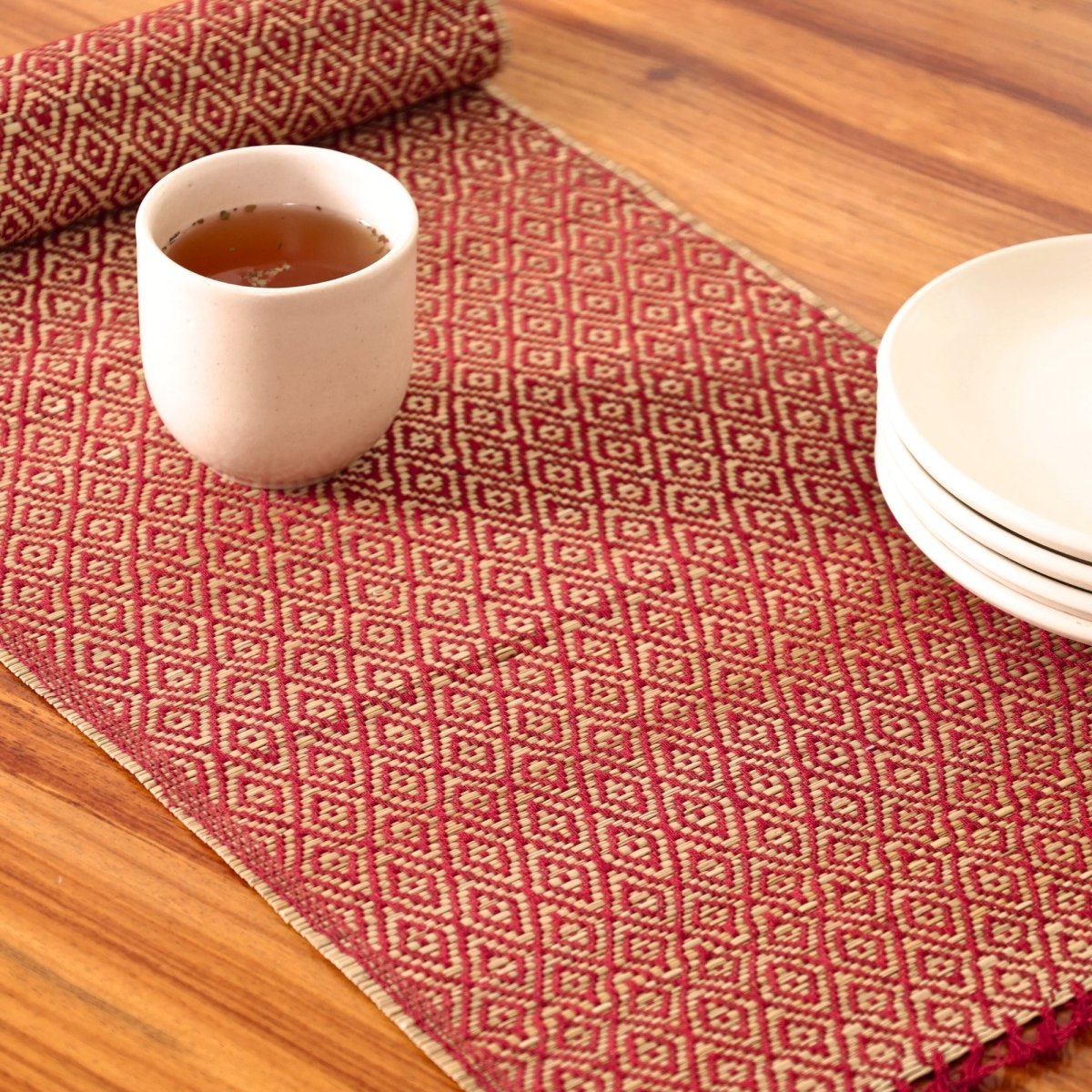 Cotton and Grass Table runner in Maroon | 4 and 6 Seater