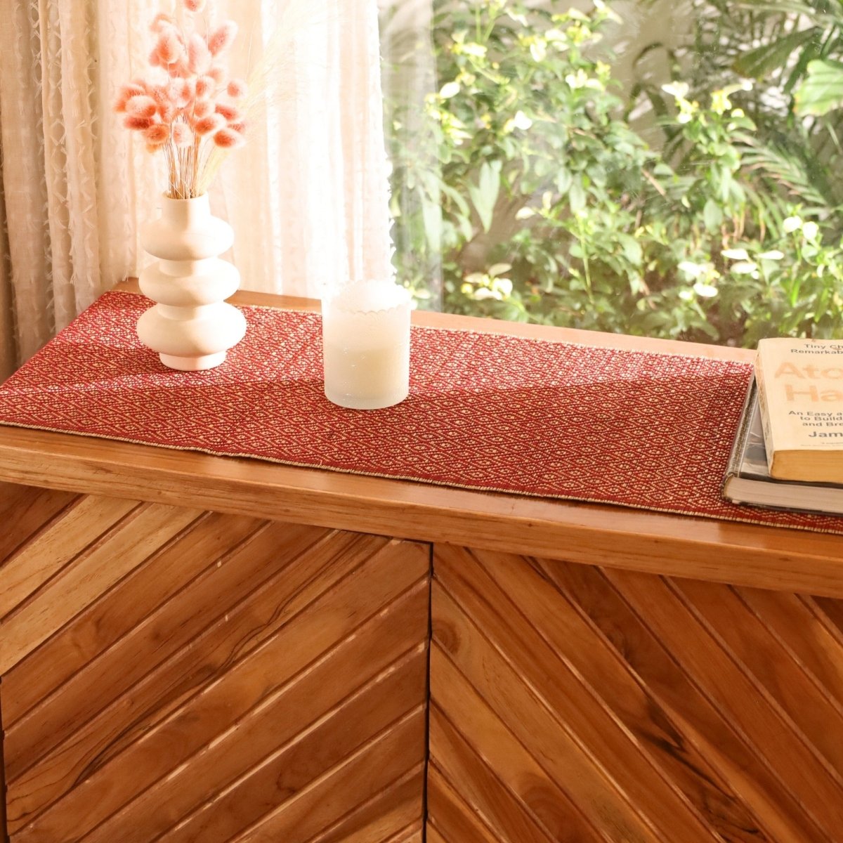 Cotton and Grass Table runner in Maroon | 4 and 6 Seater