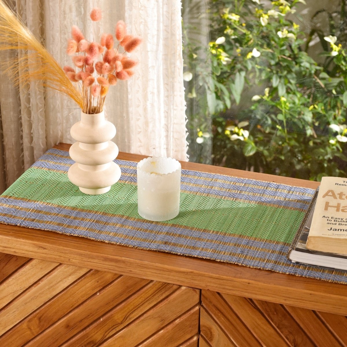 Cotton and Grass Table runner in Powder Blue and Aqua Green | 4 and 6 Seater