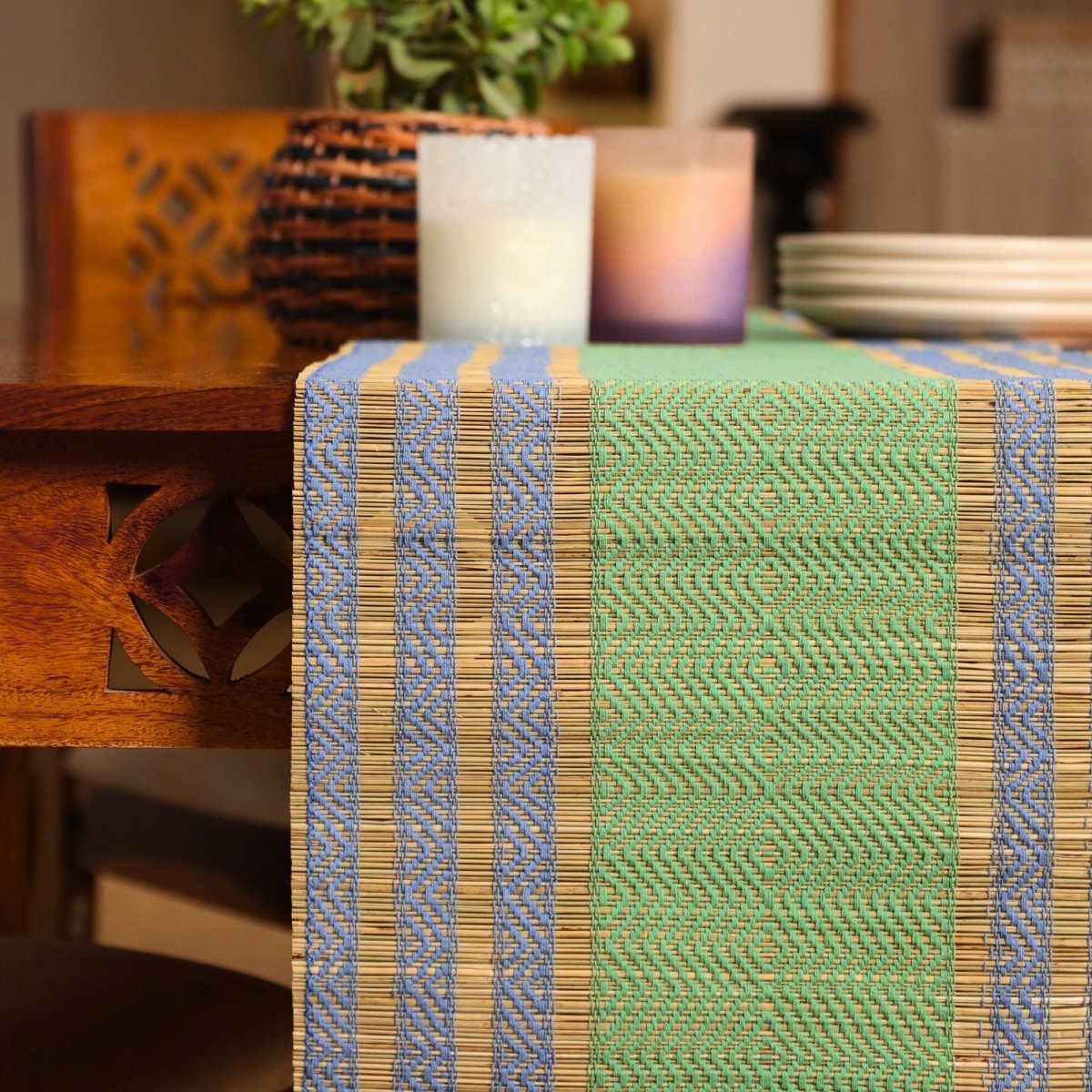 Cotton and Grass Table runner in Powder Blue and Aqua Green | 4 and 6 Seater