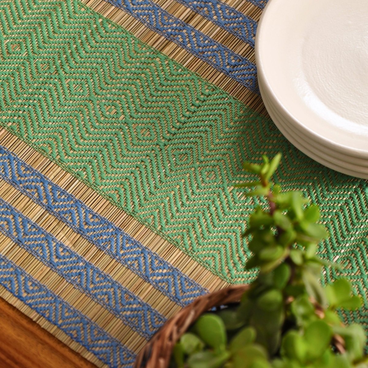 Cotton and Grass Table runner in Powder Blue and Aqua Green | 4 and 6 Seater