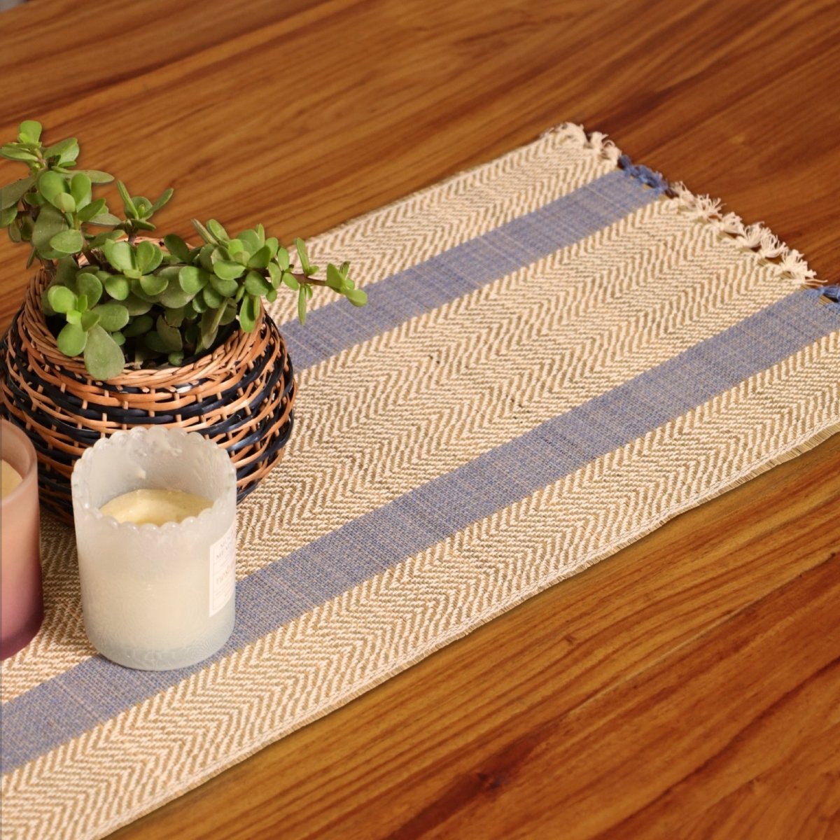 Cotton and Grass Table runner in Powder Blue and Off White | 4 and 6 Seater