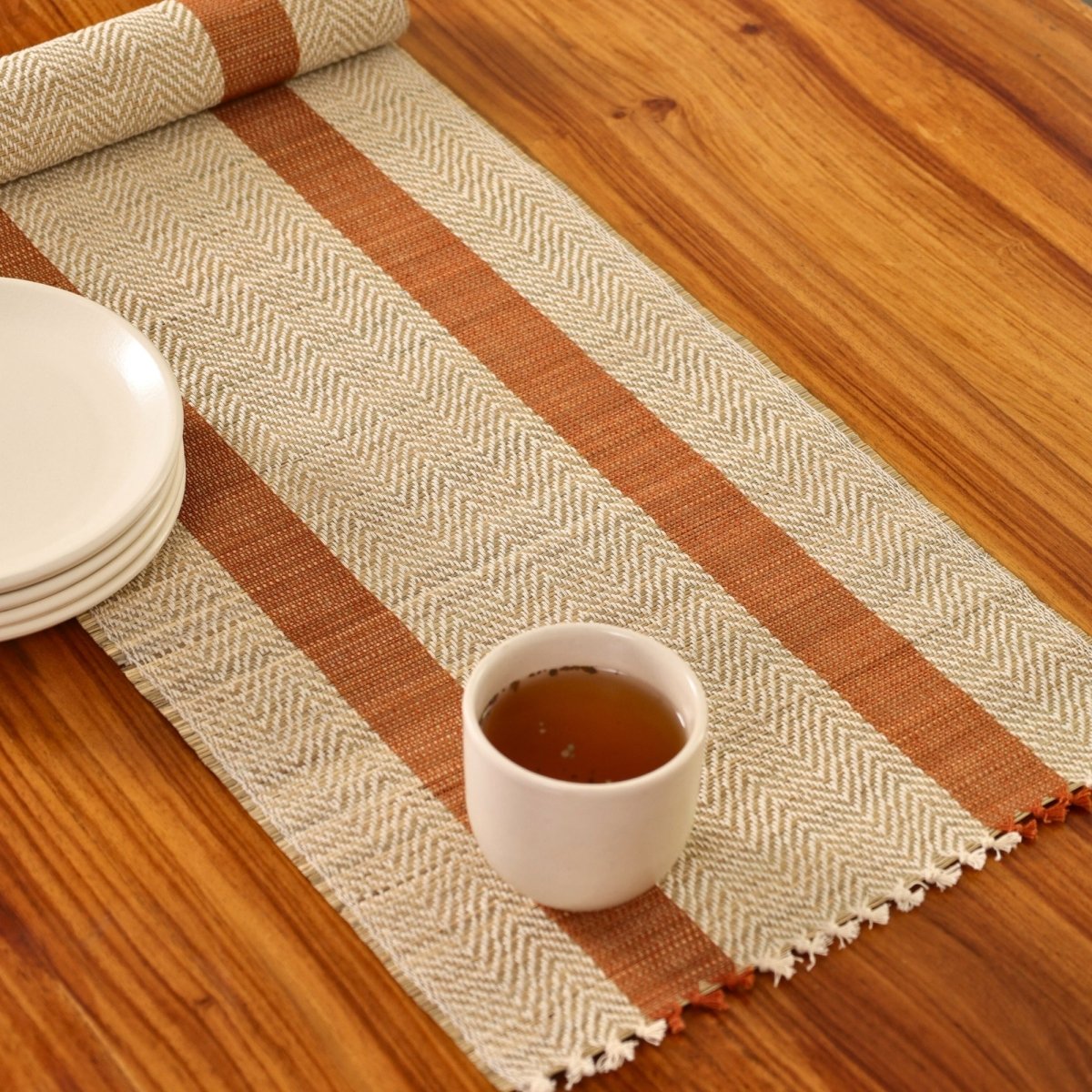 Cotton and Grass Table runner in Rust and Off White | 4 and 6 Seater