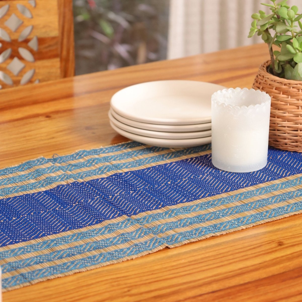 Cotton and Grass Table runner in Teal and Cobalt Blue | 4 and 6 Seater