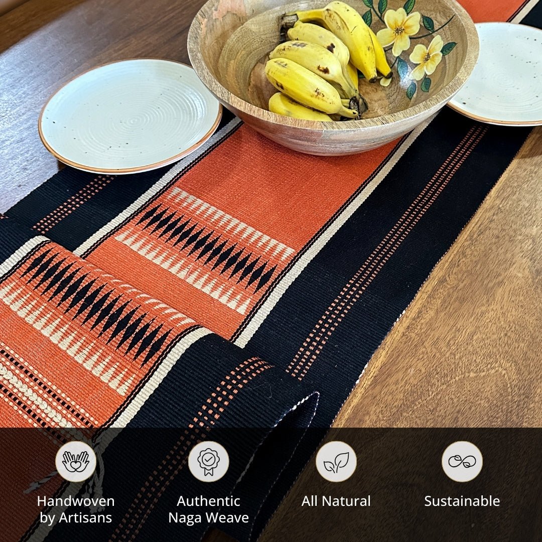 Handwoven Pure Cotton Dining Table Runner in Rust & black | 6 Seater