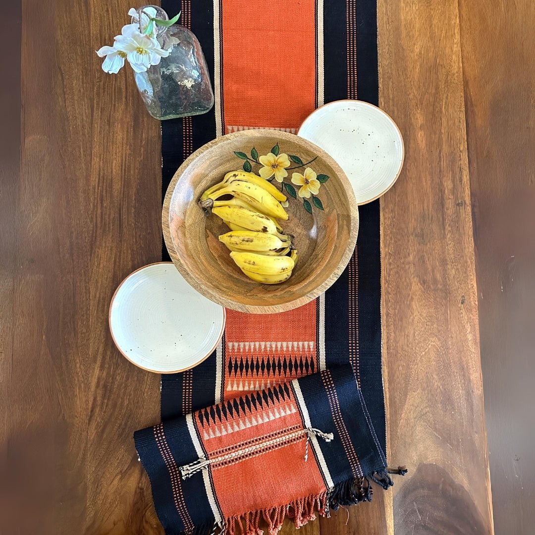 Handwoven Pure Cotton Dining Table Runner in Rust & black | 6 Seater
