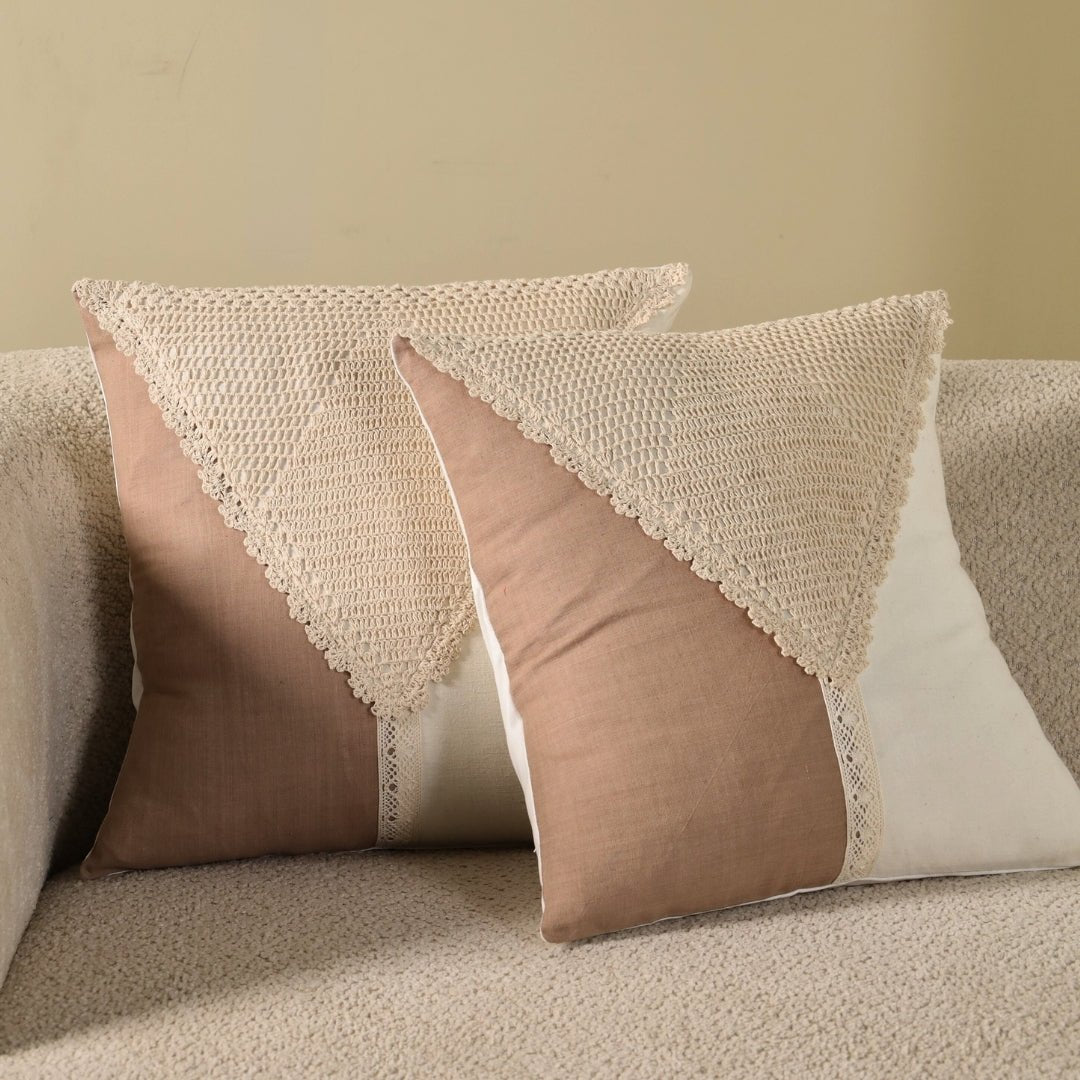Pure Cotton Crochet Cushion Cover in Taupe and Off White | 16x16 in | Set of 1,2,3,4 and 5