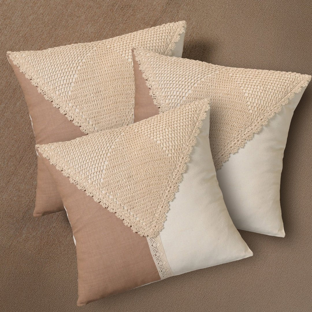 Pure Cotton Crochet Cushion Cover in Taupe and Off White | 16x16 in | Set of 1,2,3,4 and 5
