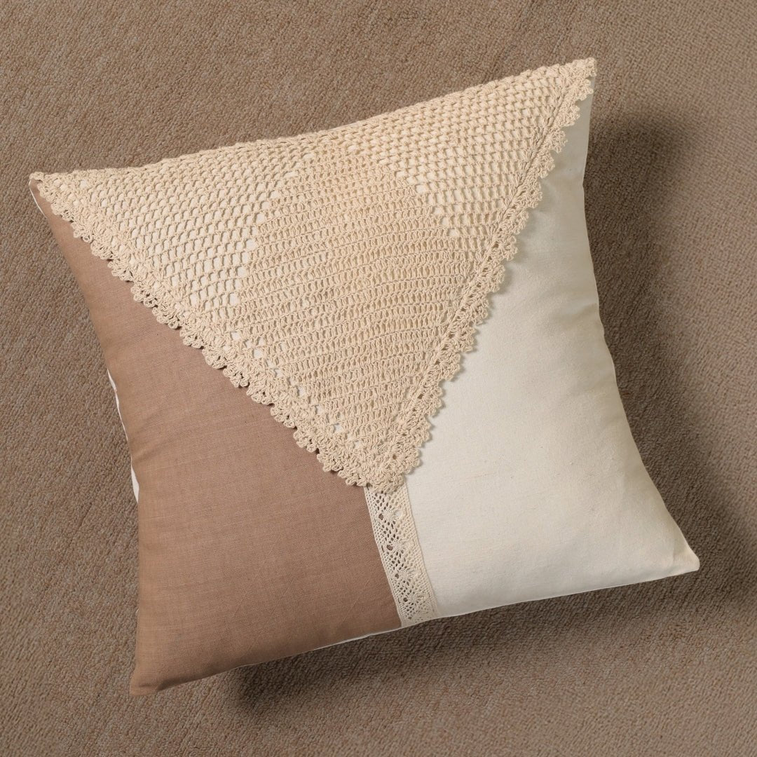 Pure Cotton Cushion Covers with Crochet Detailing in Taupe and Off White | 16 x 16 inches | Single or Combo Pack Available