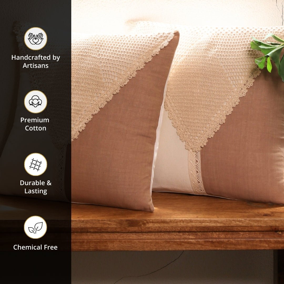 Pure Cotton Crochet Cushion Cover in Taupe and Off White | 16x16 in | Set of 1,2,3,4 and 5