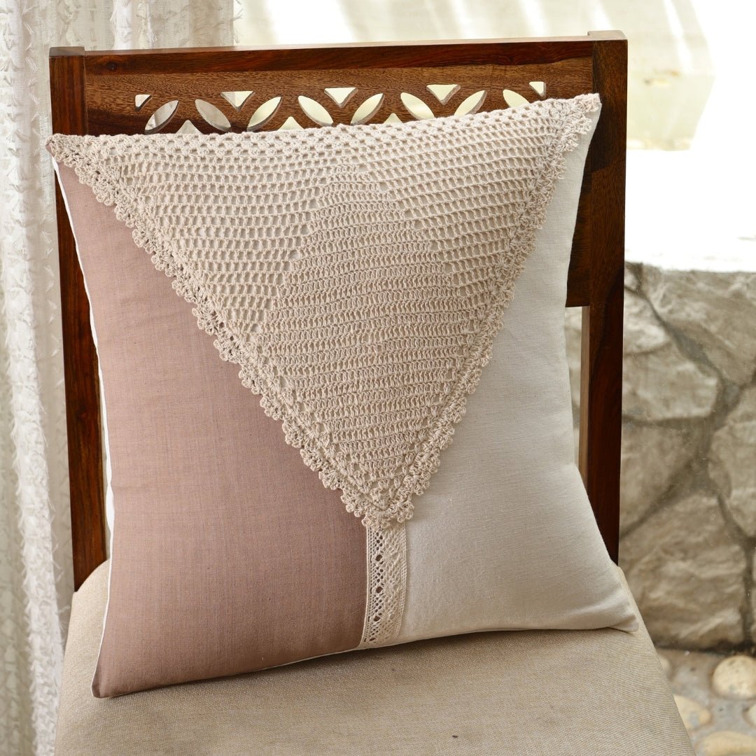 Pure Cotton Cushion Covers with Crochet Detailing in Taupe and Off White | 16 x 16 inches | Single or Combo Pack Available