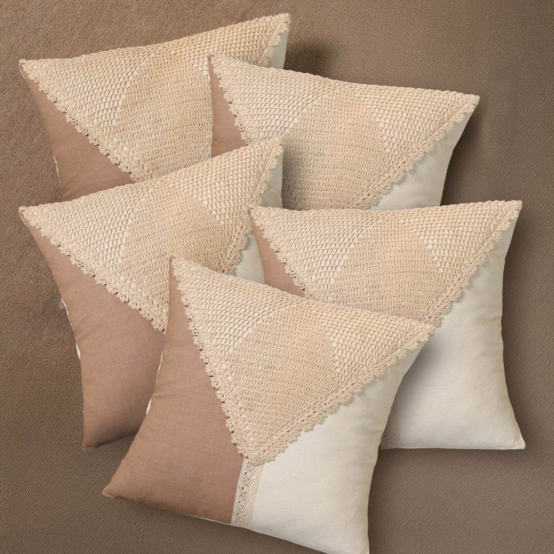 Pure Cotton Crochet Cushion Cover in Taupe and Off White | 16x16 in | Set of 1,2,3,4 and 5