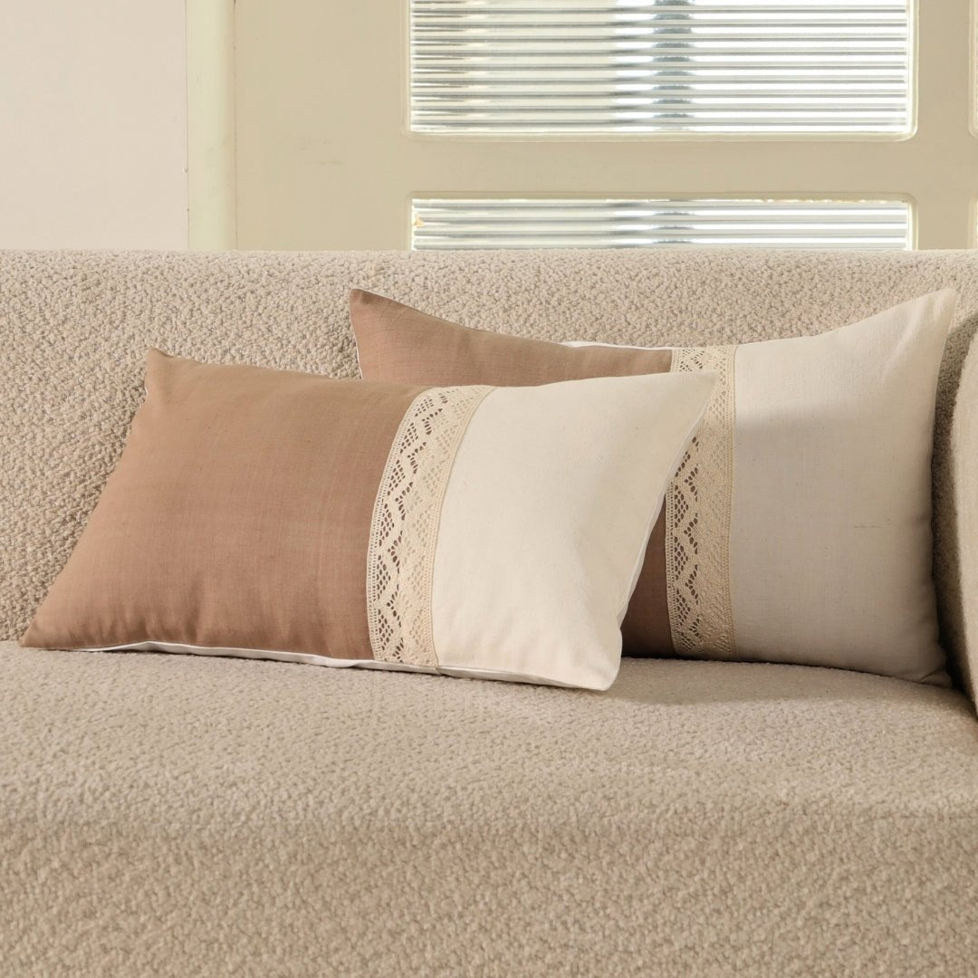 Rectangular Pure Cotton Crochet Cushion Cover in Taupe and Off White | Set of 1 and 2