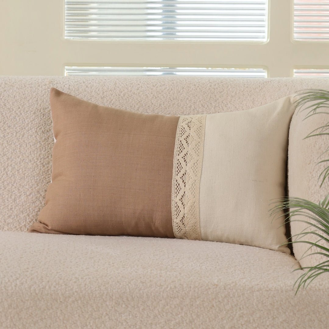 Rectangular Cushion Cover in Taupe and Off White | Pure Cotton with Crochet Detailing with Flap | 12 x 18 inch | Single or Combo Pack Available