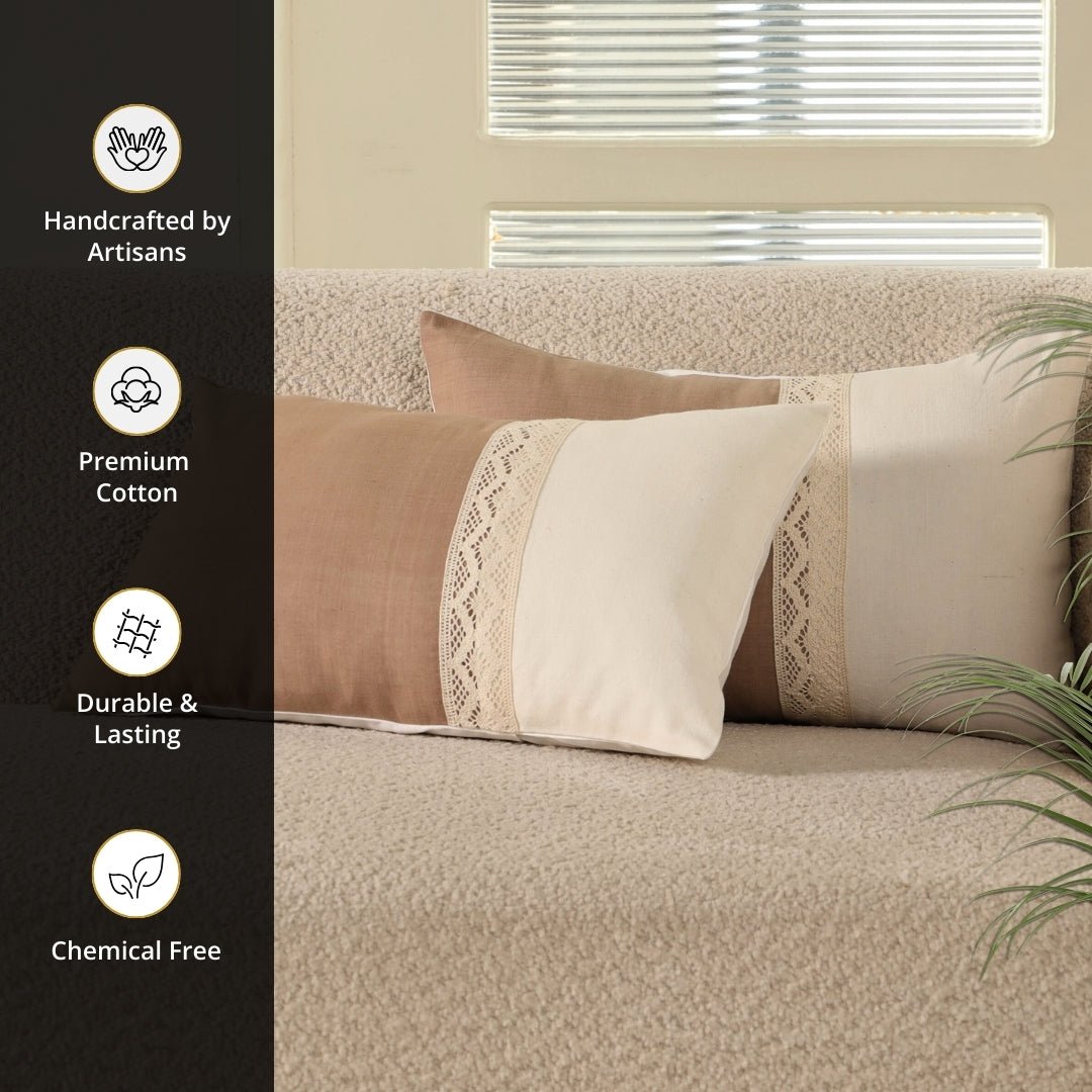 Rectangular Pure Cotton Crochet Cushion Cover in Taupe and Off White | Set of 1 and 2